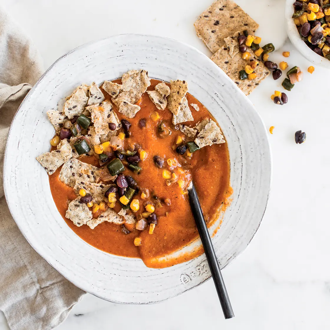 TORTILLA SOUP WITH ROASTED CORN AND BLACK BEAN SALSA