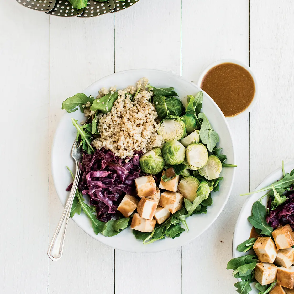 QUINOA BOWLS WITH BRAISED RED CABBAGE, TOFU, AND BRUSSELS SPROUTS
