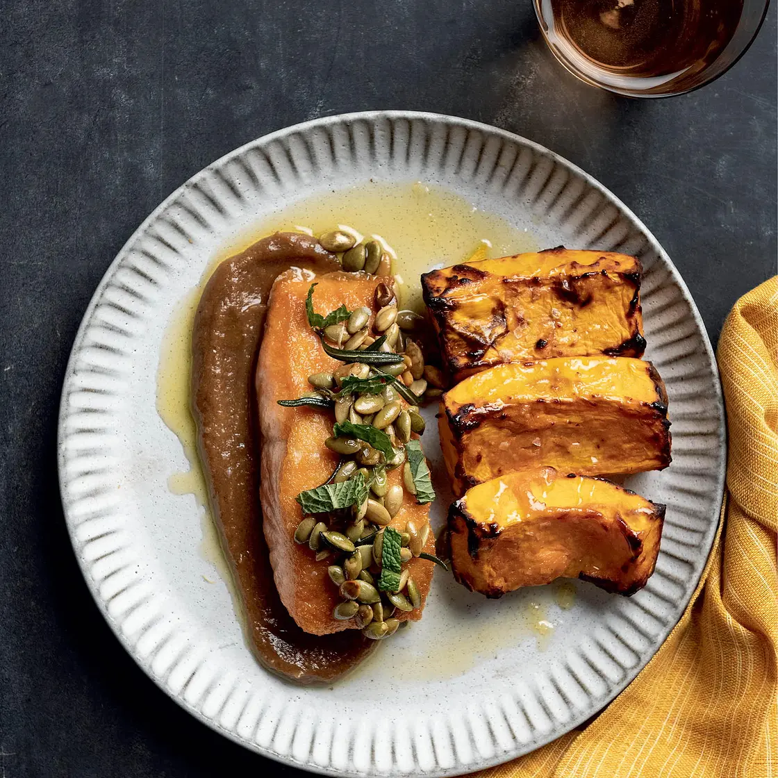 Pan-Seared Arctic Char with Miso-Glazed Butternut Squash and Tamarind Sauce