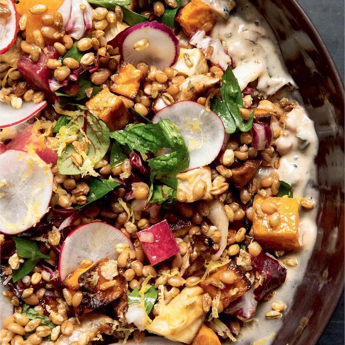Mixed Grains with Grilled Scallion Rémoulade and Roasted Fall Vegetables