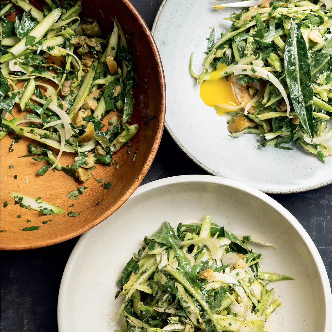 Asparagus and Puntarelle Salad with Seared Poached Eggs