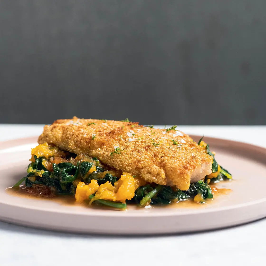 Cornmeal-Crusted Hake with Mashed Butternut Squash and Soy–Brown Butter Vinaigrette