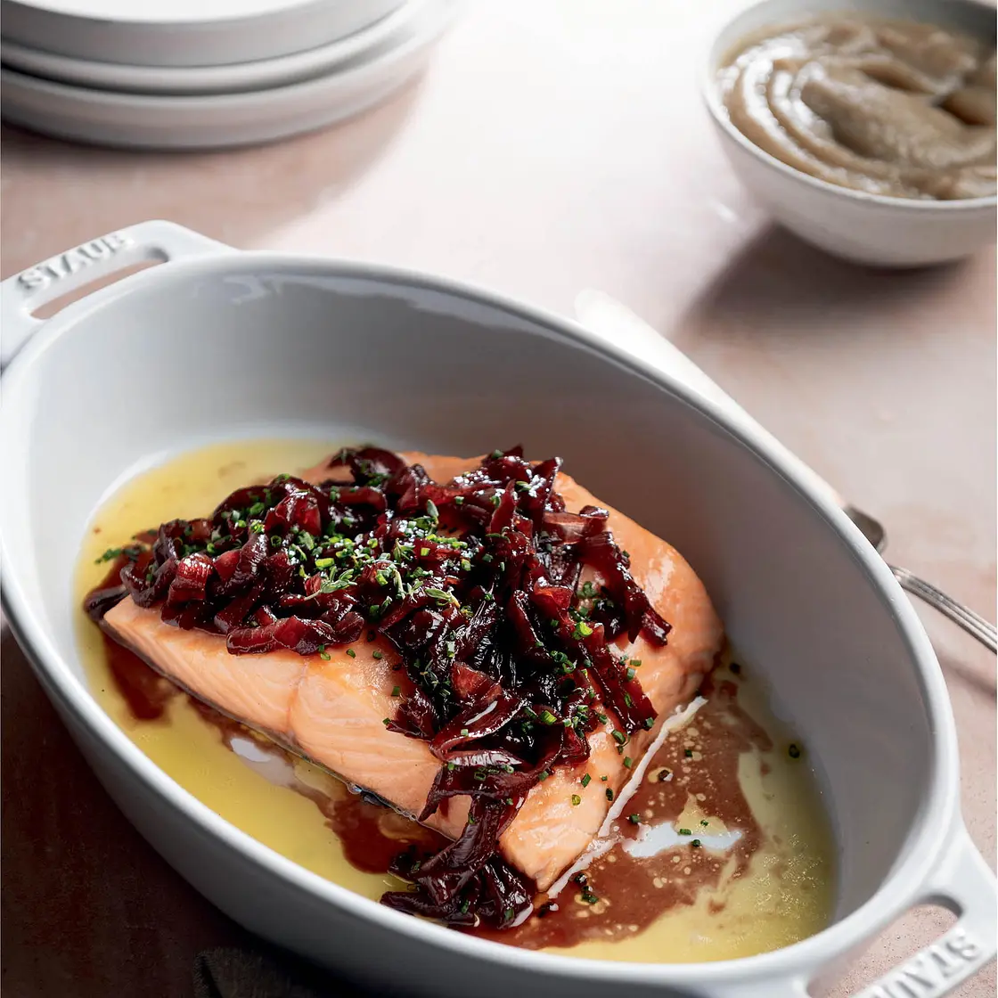 Pan-Seared Snapper with Apple Puree, Brussels Sprouts, and Beet Vinaigrette
