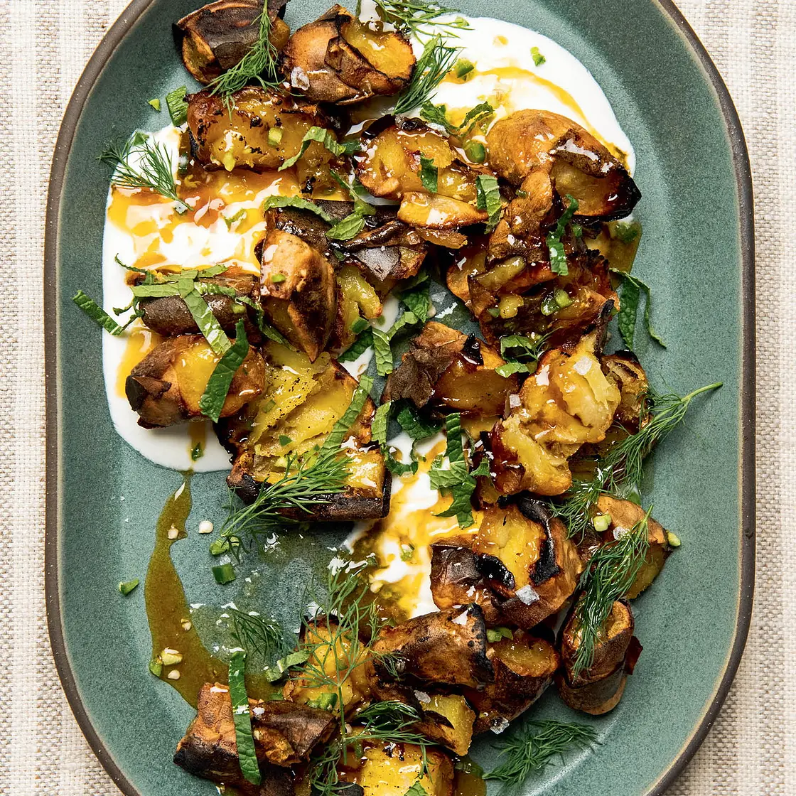 Roasted Sweet Potatoes with Charred Shallots and Cashews