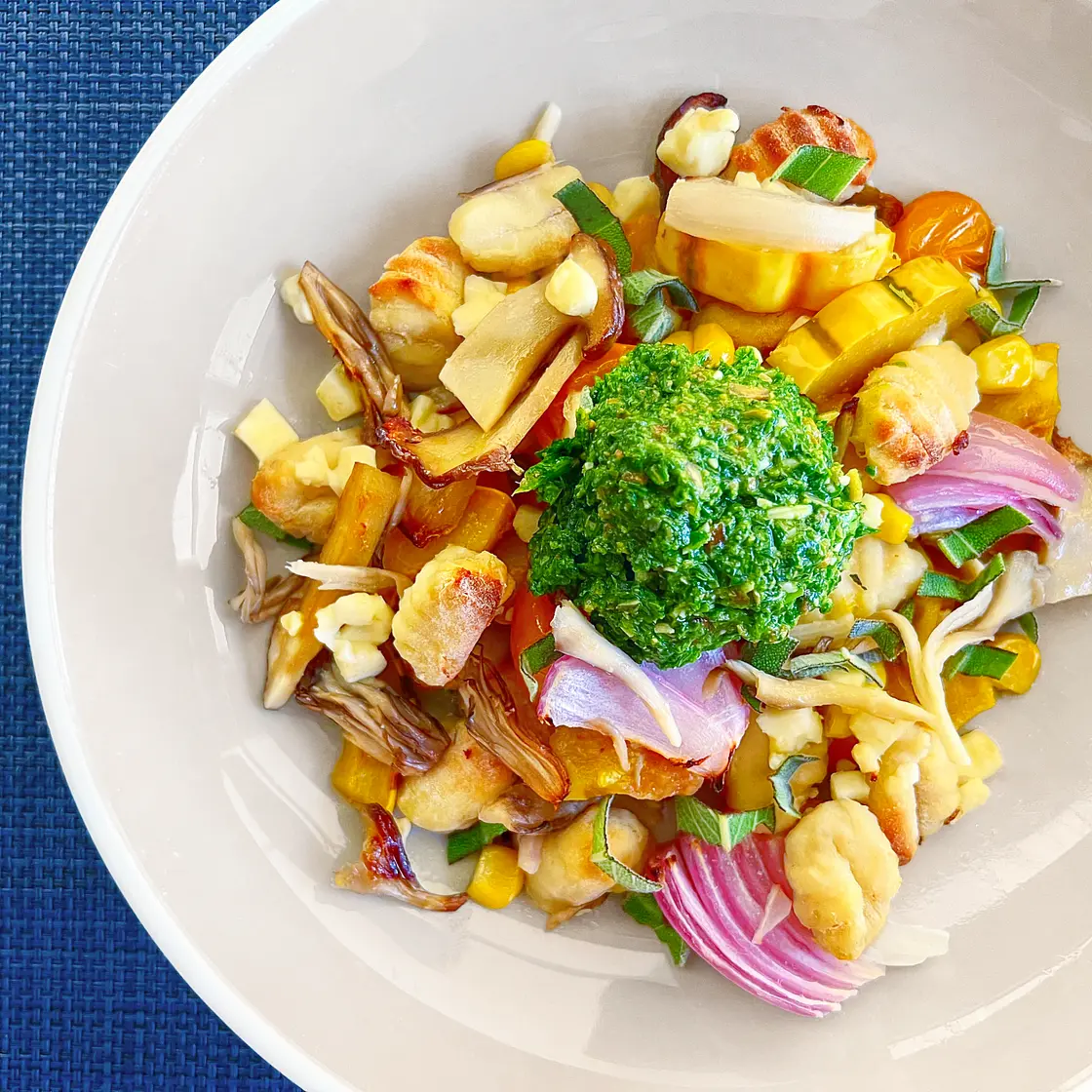 Summer Lisbon Lemon Gnocchi with Pesto, Mushrooms, and Summer Squash