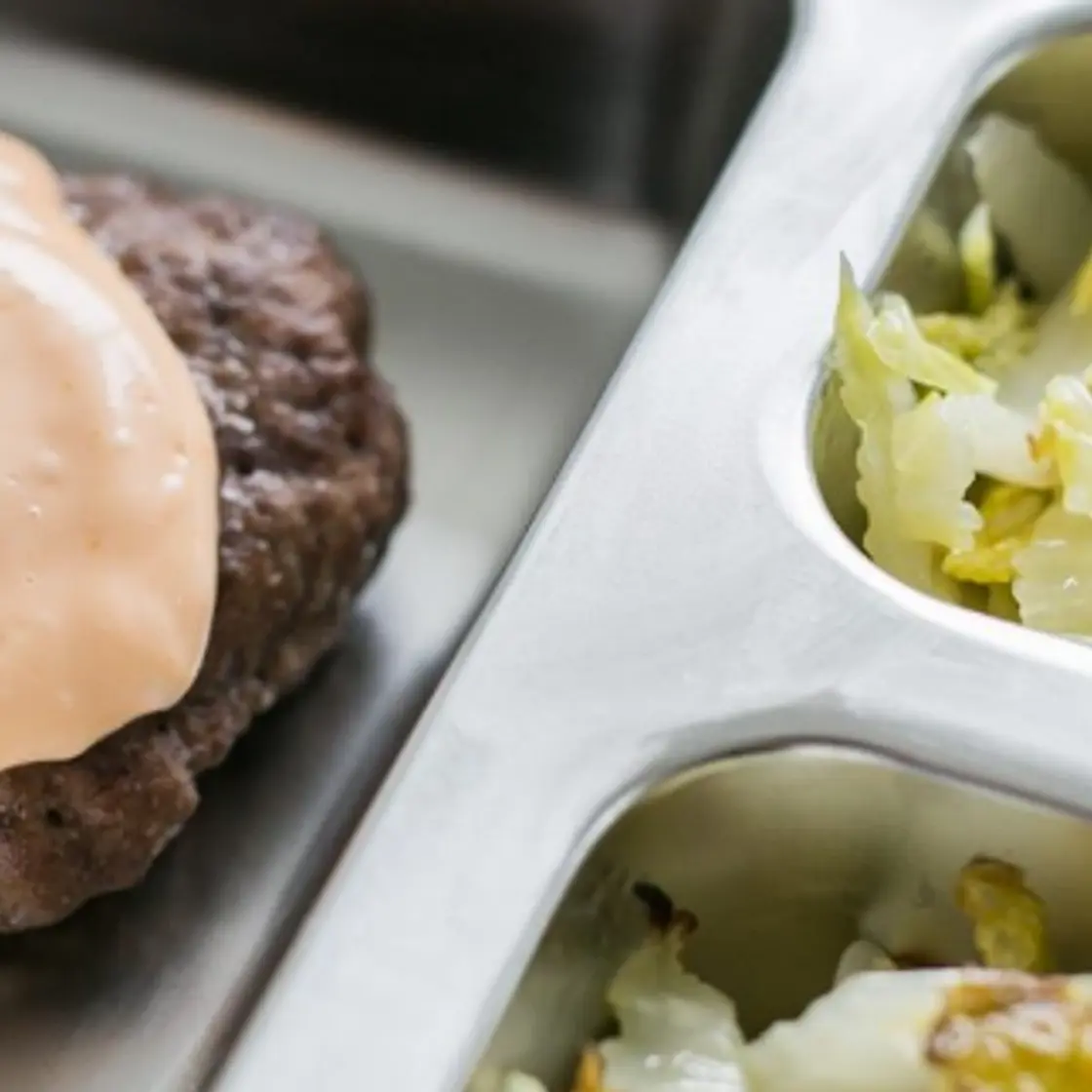 Burgers with Tomato Mayo & Roasted Cabbage