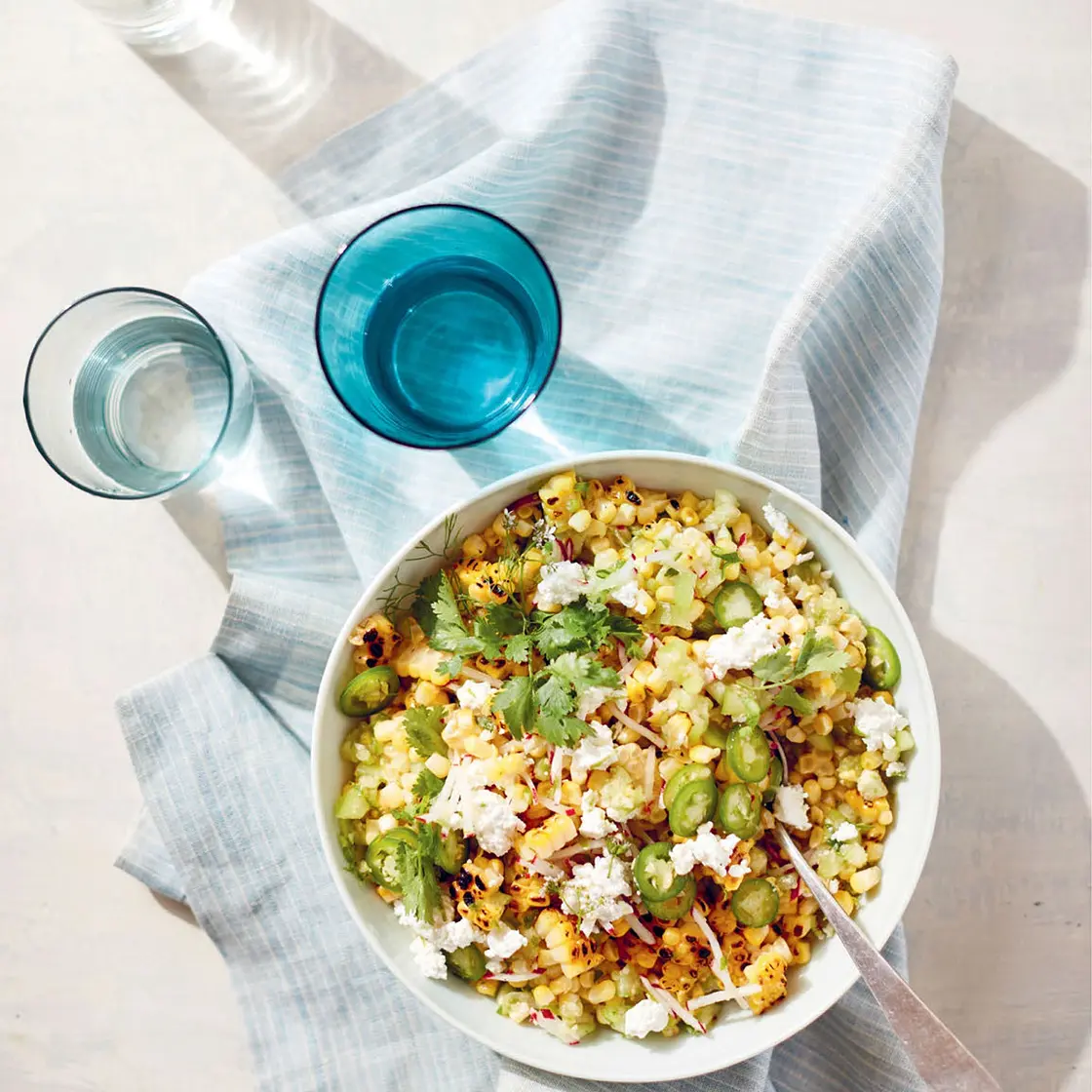 CHARRED AND RAW CORN SALAD WITH TOMATILLO RELISH