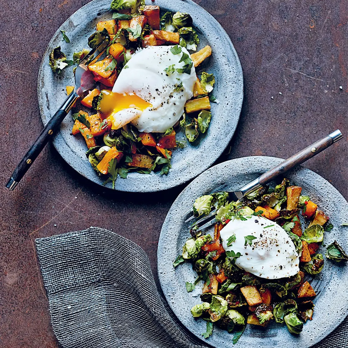 ROASTED PUMPKIN AND BRUSSELS SPROUTS WITH POACHED EGGS