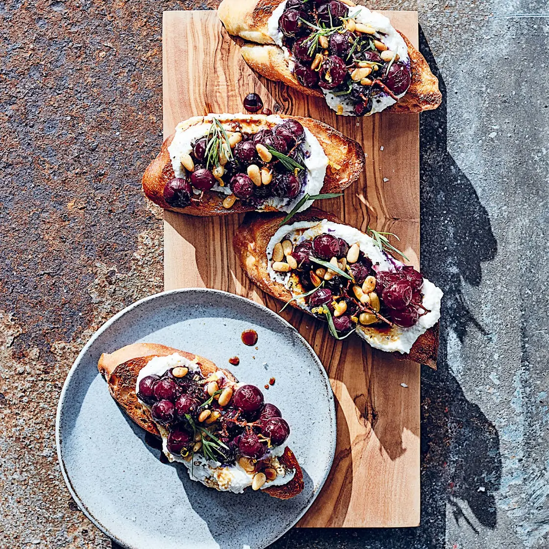MEYER LEMON RICOTTA TOASTS WITH BLISTERED GRAPES