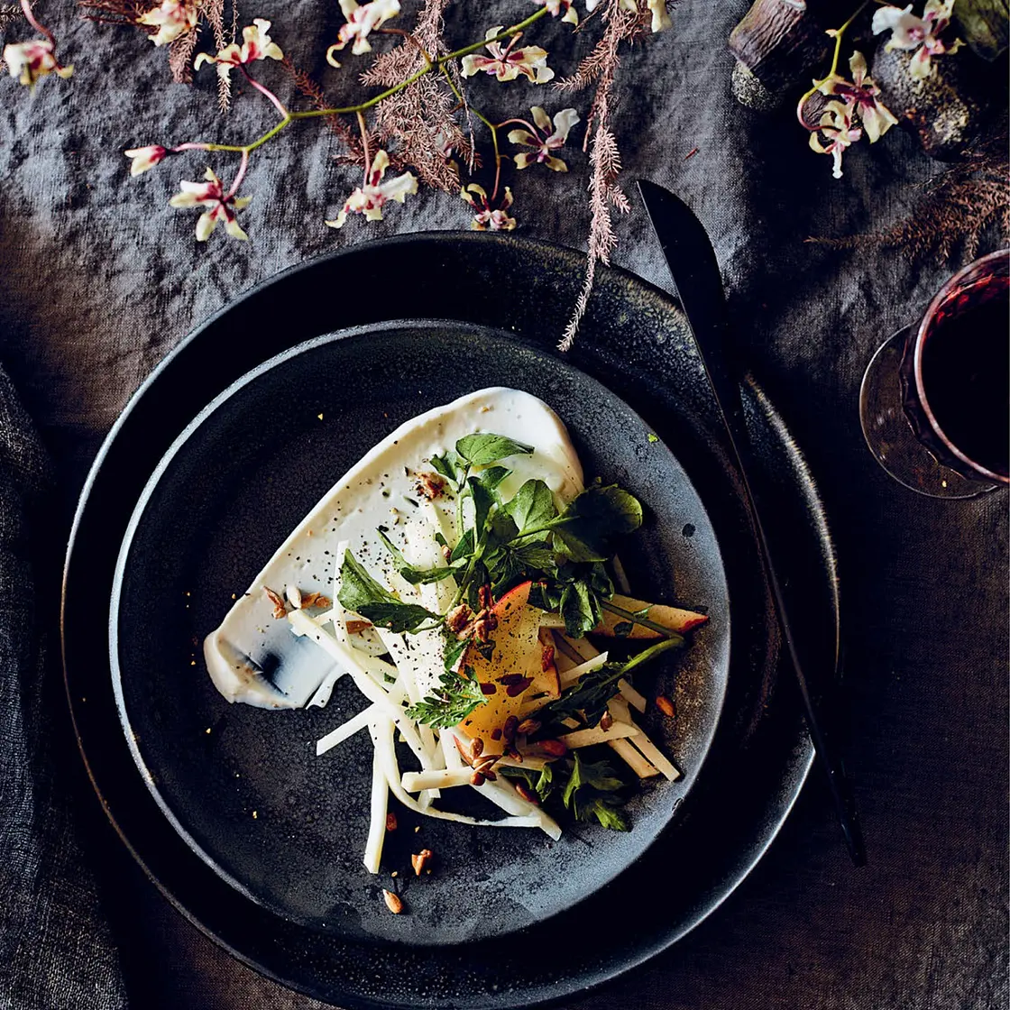 KOHLRABI, APPLE, AND CELERY ROOT SALAD WITH BLACK PEPPER YOGURT