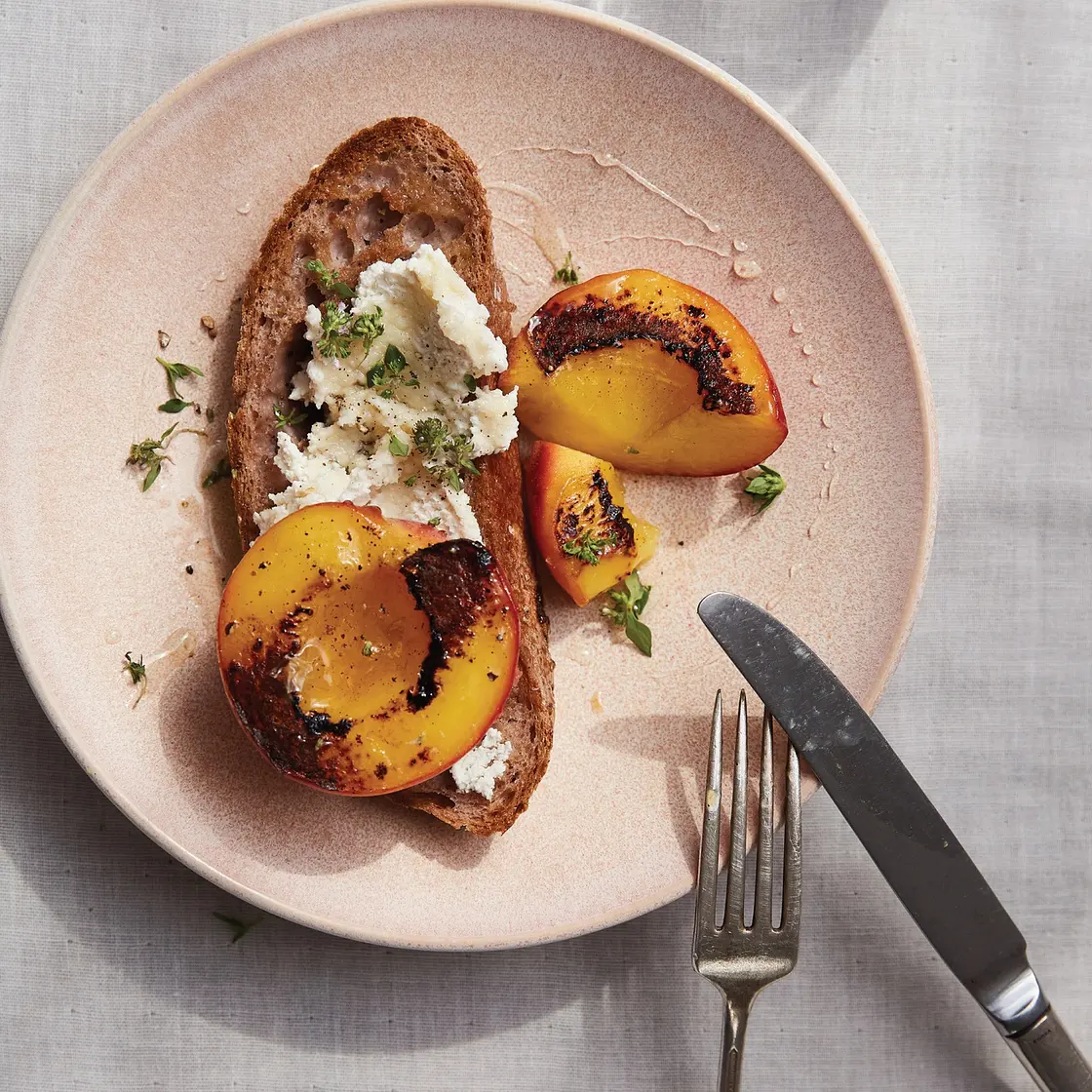Grilled Peaches with Cashew Cream on Toast