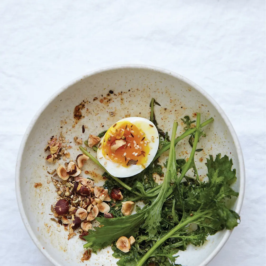 Soft-Cooked Eggs with Dukkah and Bitter Greens on Toast