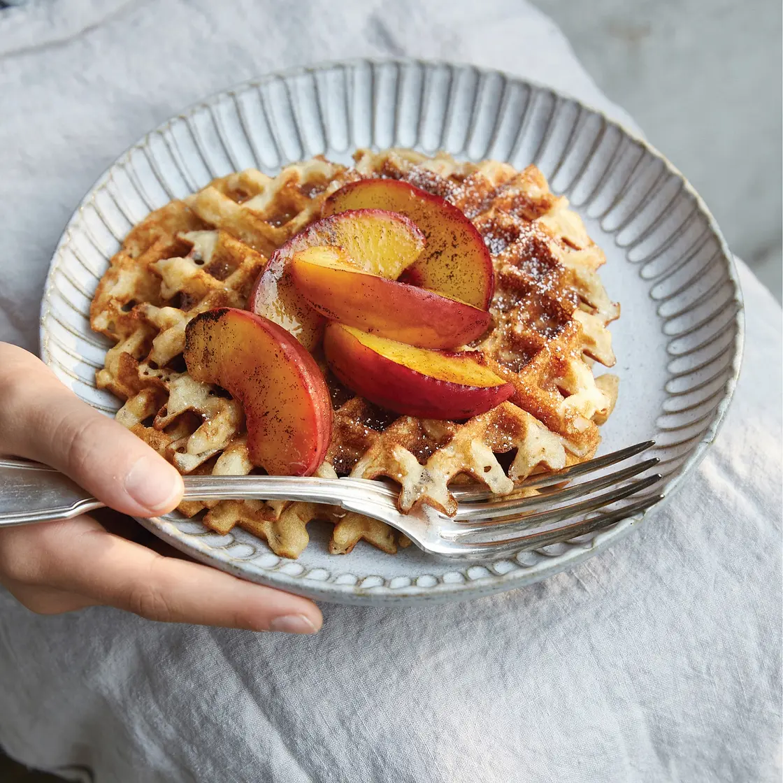 Sourdough Waffles with Carmelized Peaches