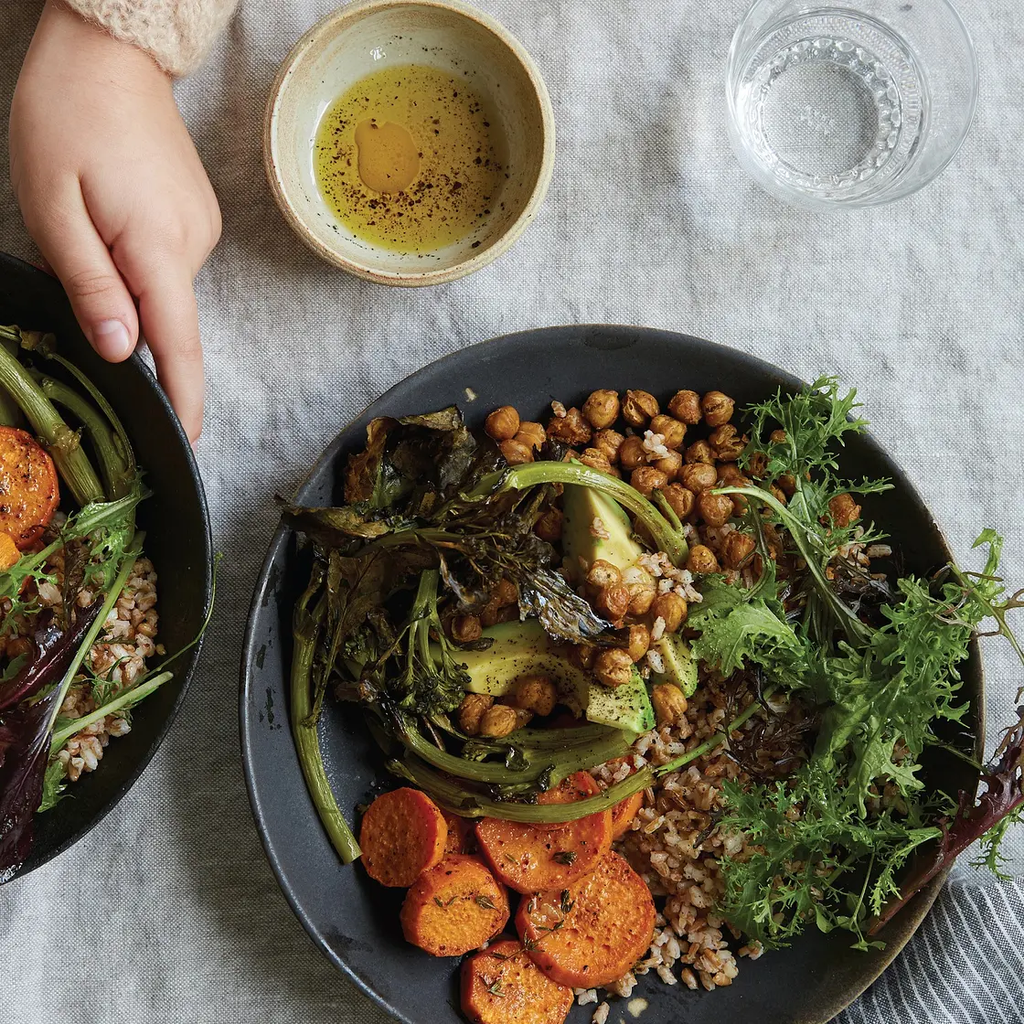 Crispy Chickpeas with Rice, Sweet Potatoes, Avocados, and Greens