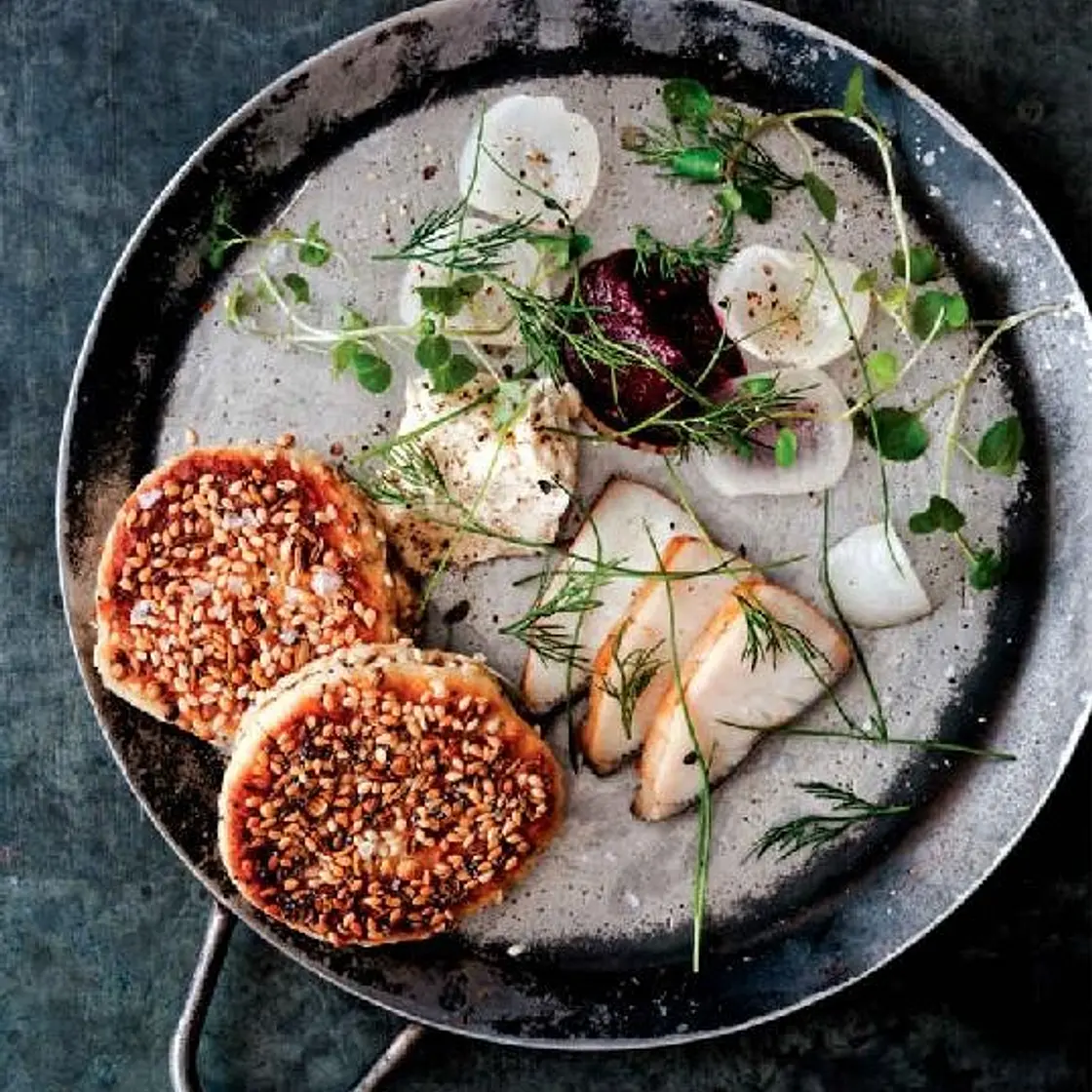 everything pancakes with smoked mackerel, cream cheese, and sweet-and-sour beets