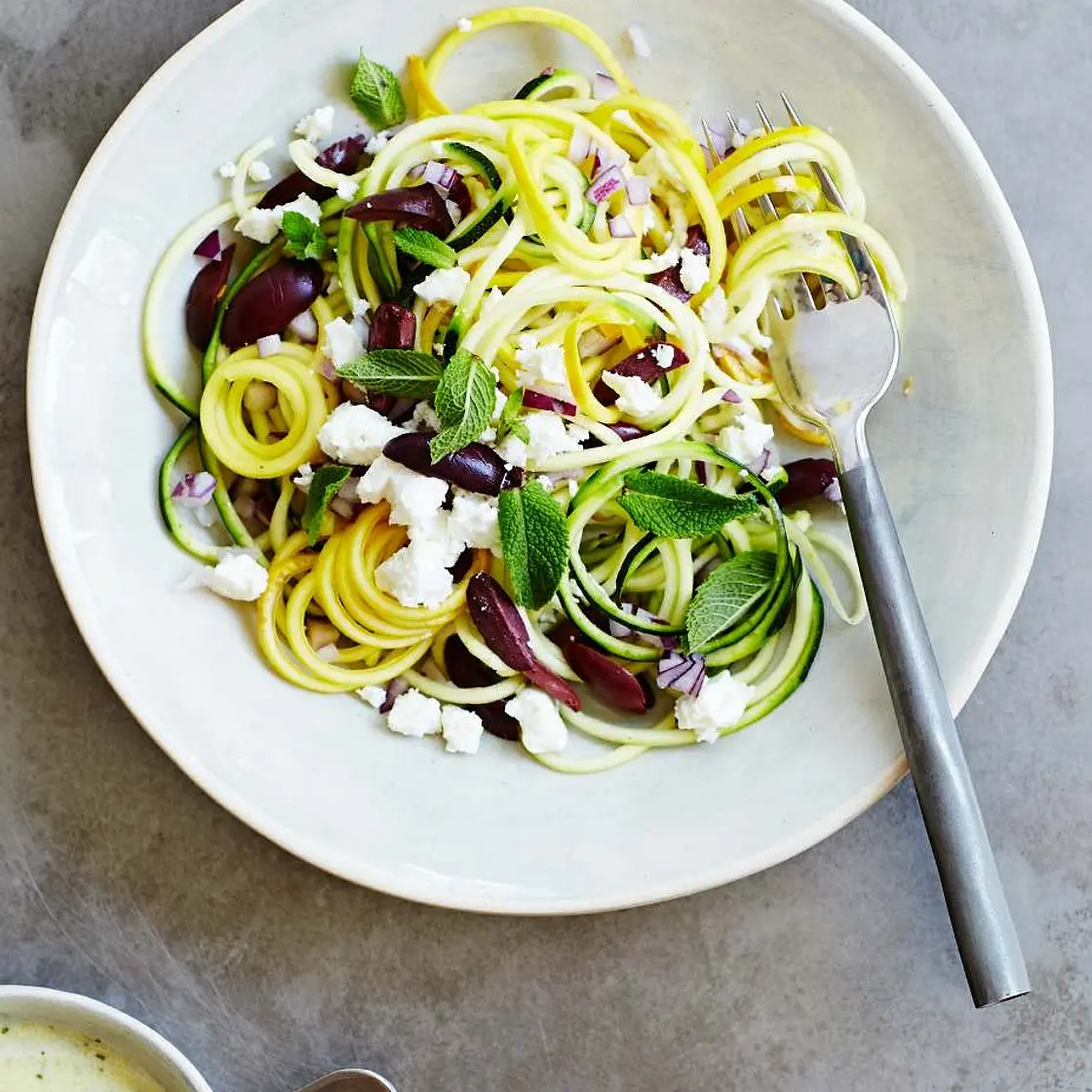 SUMMER SQUASH SALAD WITH OLIVES & FETA