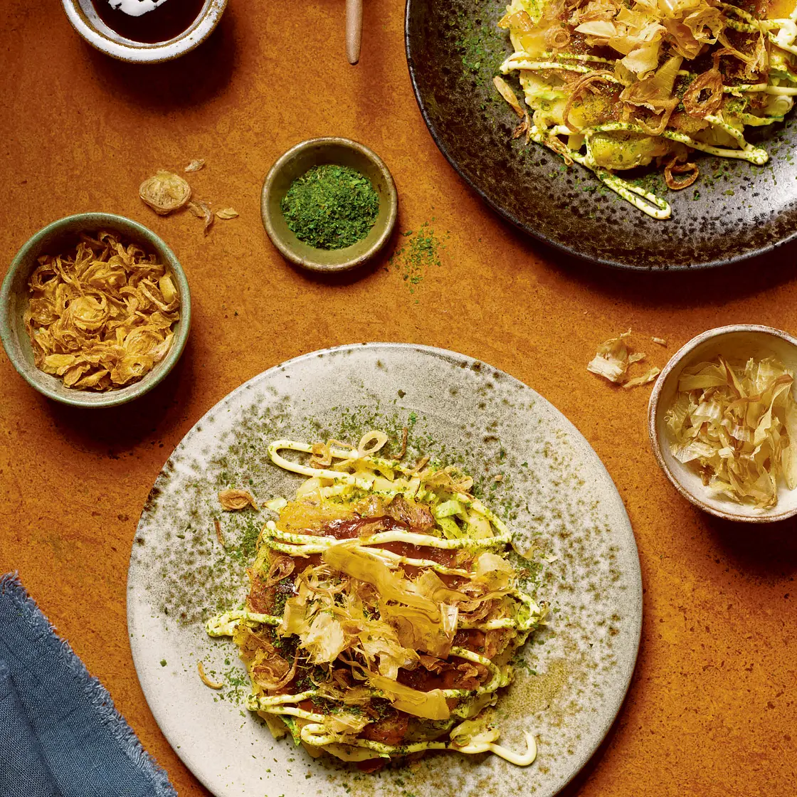 OKONOMIYaKI kimchi and cheddar cheese savoury pancake