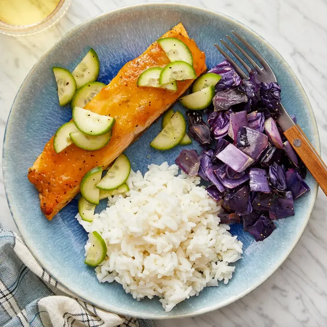 Miso-Maple Salmon with Sesame-Roasted Cabbage & Garlic Rice