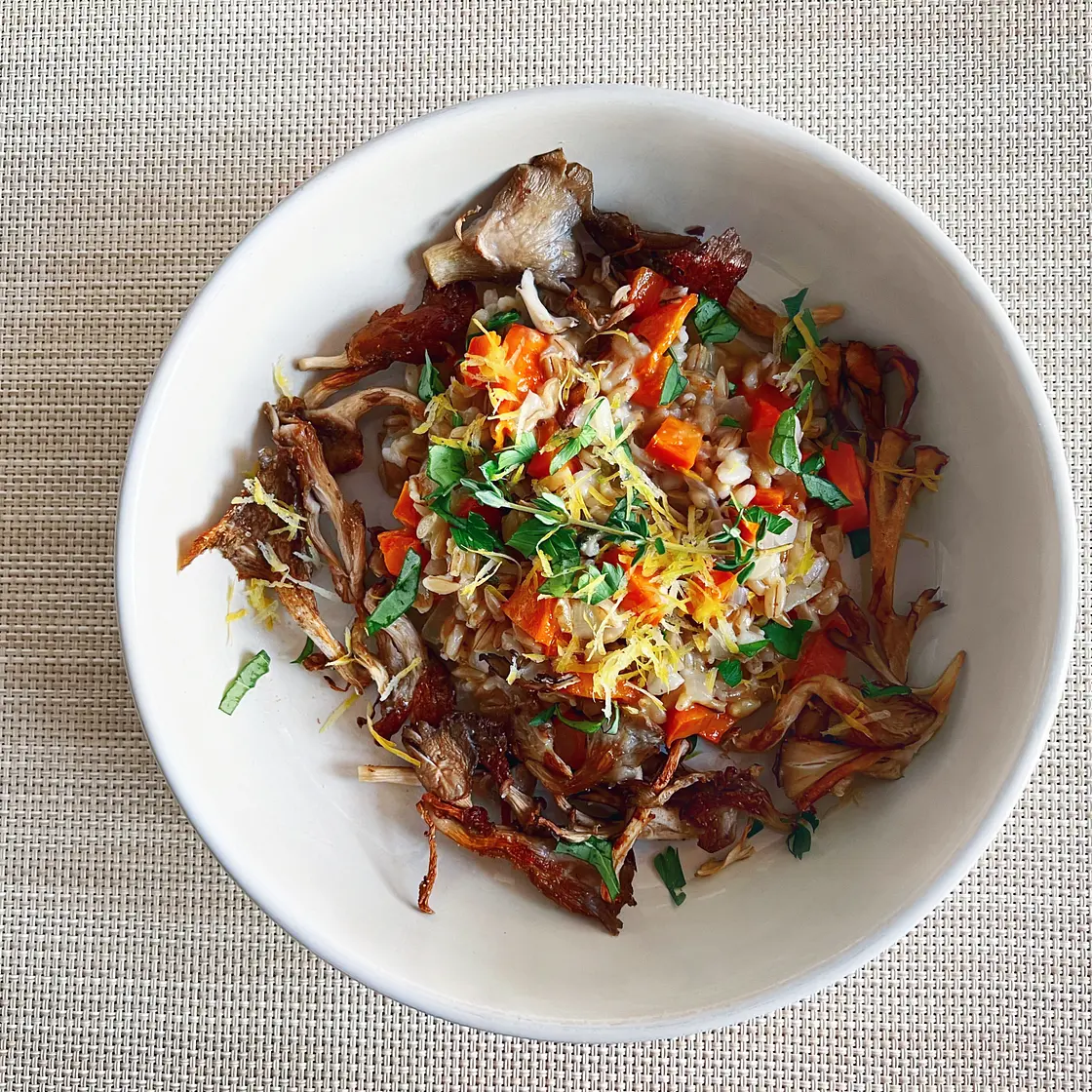 Savory Meyer Lemon Crispy Mushroom Barley Risotto with Fresh Herbs and Wildflower Honey