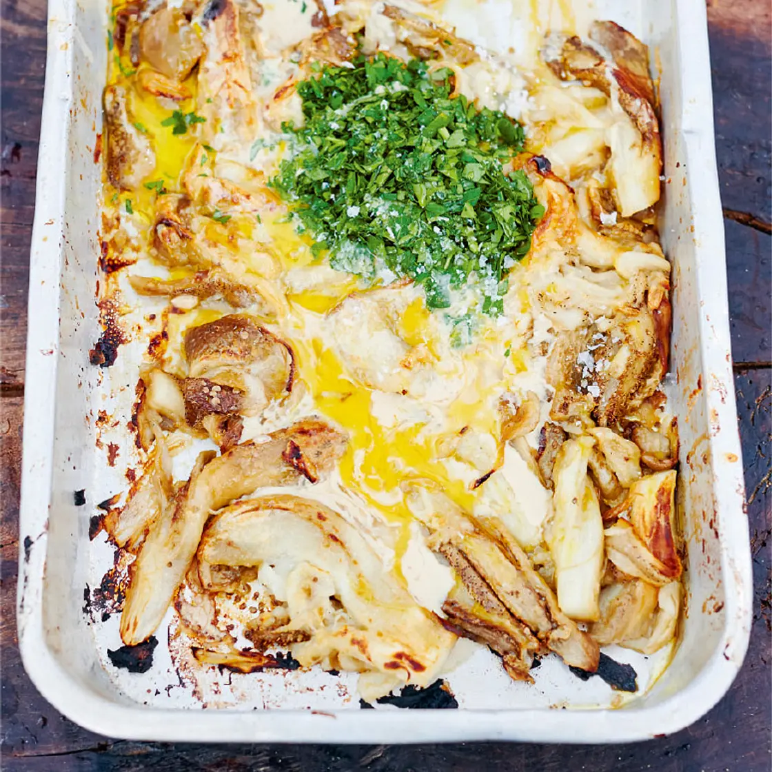 SMASHED EGGPLANT TAHINI, GARLIC & LEMON