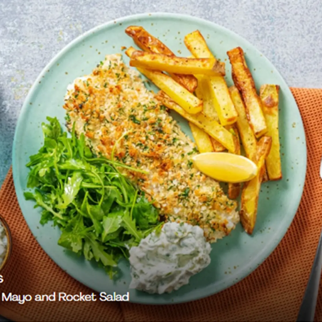Fish and Chips with Zesty Garlic Mayo and Rocket Salad