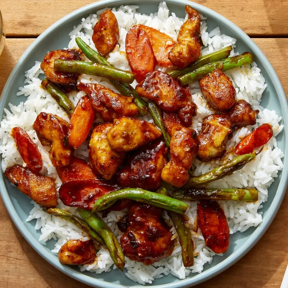 Stir-Fried Chicken & Vegetables with Rice & Soy-Chile Sauce