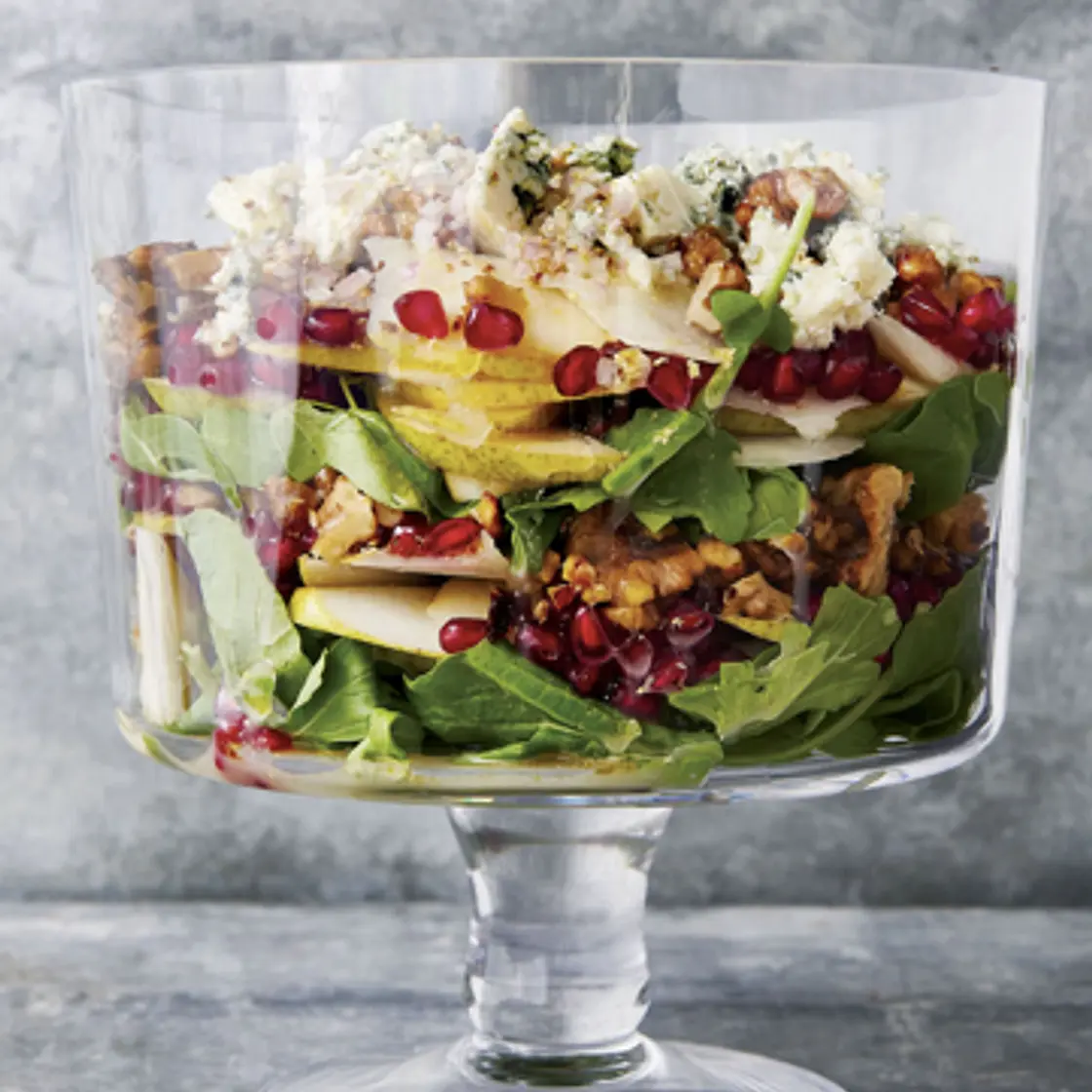 Layered Arugula Salad with Pear Vinaigrette