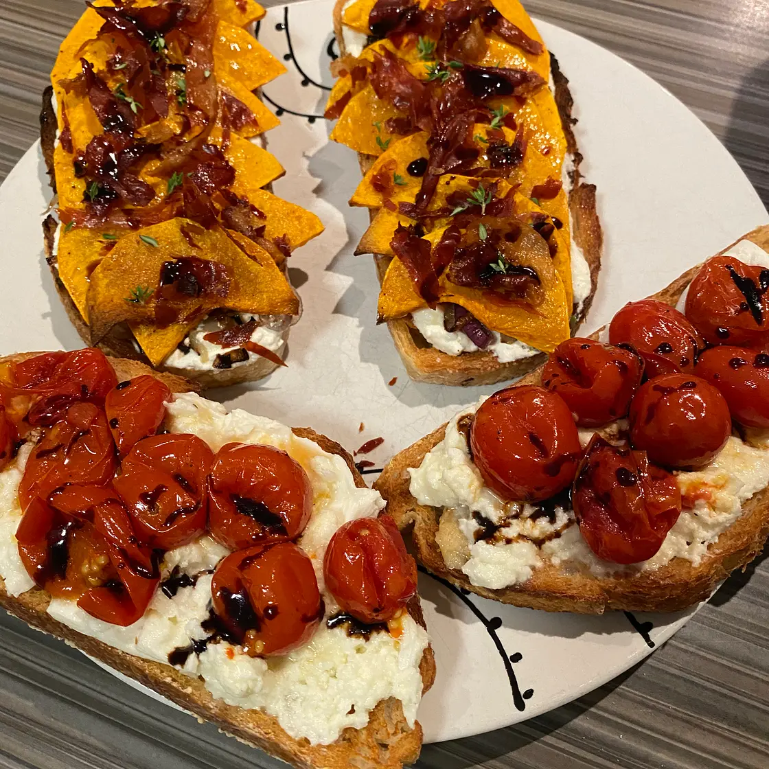 Butternut Squash + Ricotta Toast with Crispy Prosciutto and Balsamic Glaze