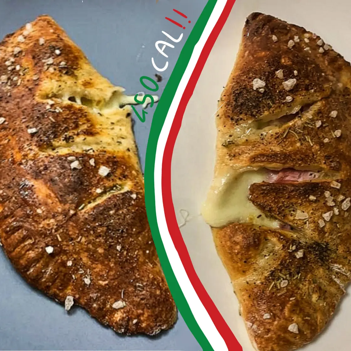 450 Cal ham and cheese calzones (in under 1 h) with two ingredient dough!