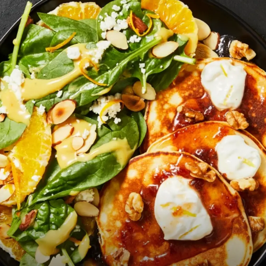 HF - Lemon Ricotta Pancakes with Syrup & Crème plus a Spinach-Orange Salad