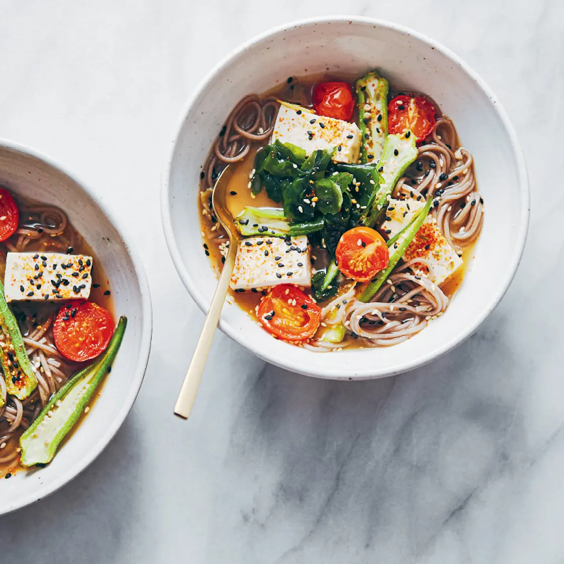 Okra, Roasted Tomato & Buckwheat Noodle Bowl with Miso Ginger Broth
