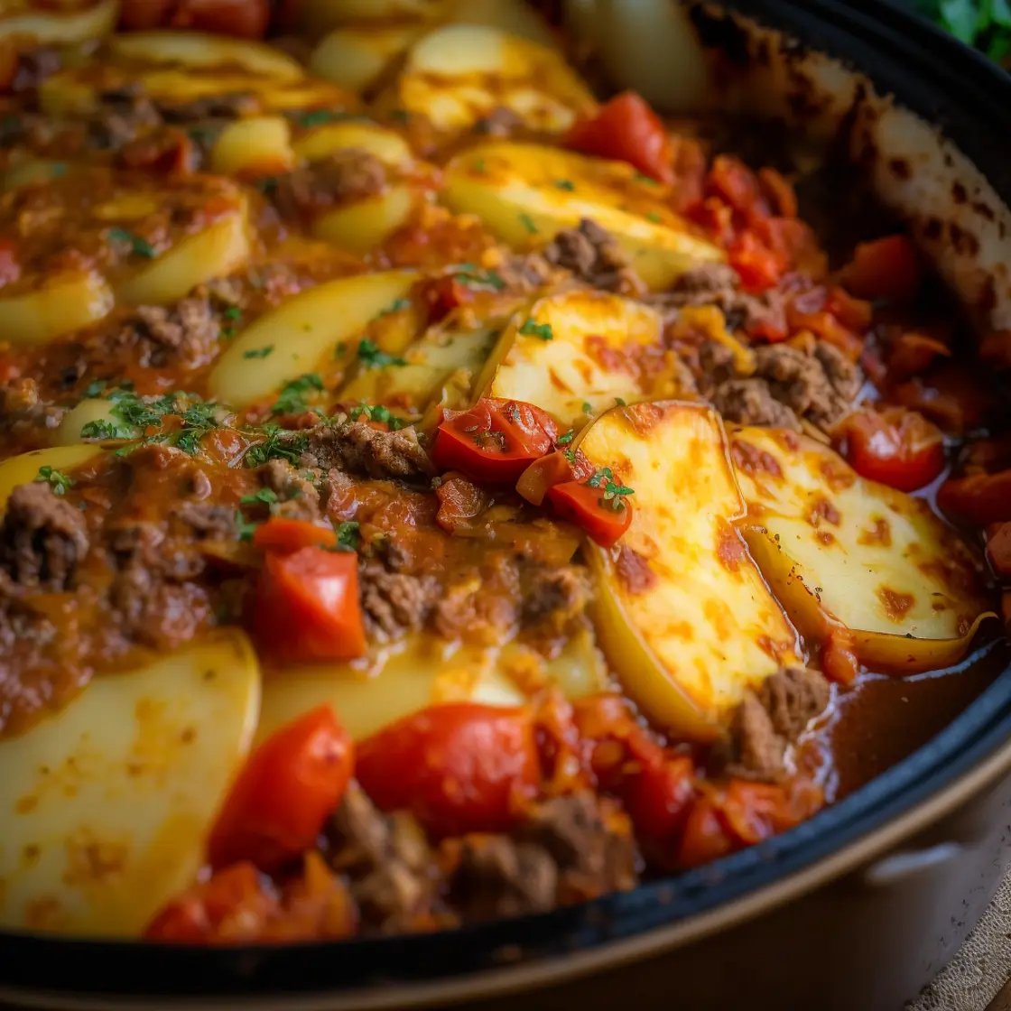 Oven Baked Beef Kefta with Roasted Potatoes, Caramelized Onions and Tomatoes