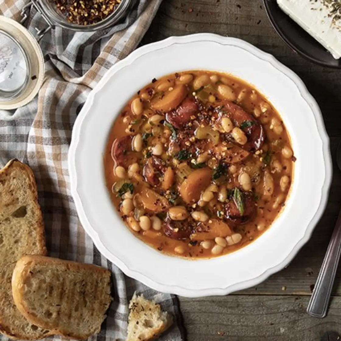 Greek white bean soup (Fasolada) with sausage