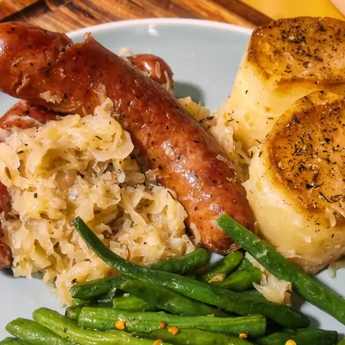 Kielbasa and Sauerkraut with fondant potatoes