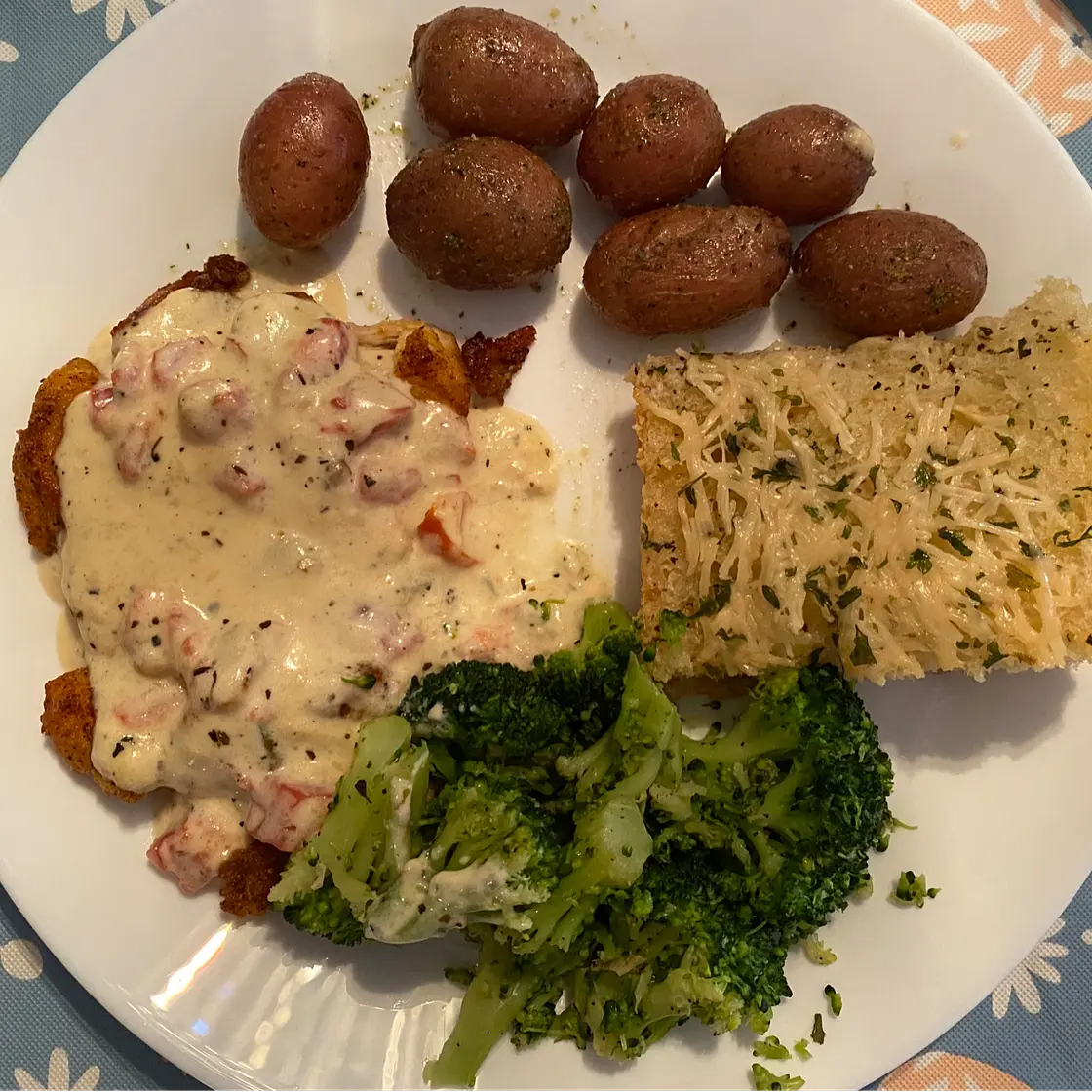 Creamy Chicken Basil w/ Roasted Potatoes and Broccoli