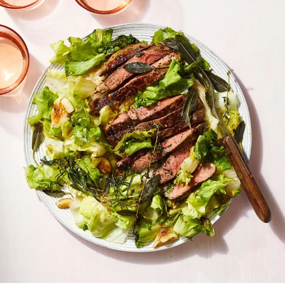 Pan-Seared Steak with Crispy Herbs & Escarole