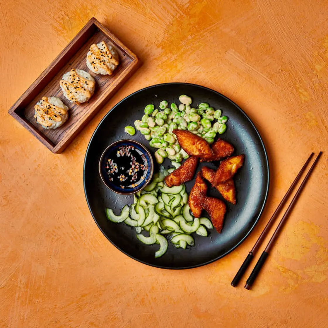 Crispy Soy Basa With Sushi Rice Balls And Edamame Salad