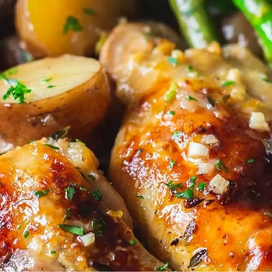 Brown Sugar Glazed Chicken with Caramelized Onions and Peppers, Roasted Potatoes, and Asparagus
