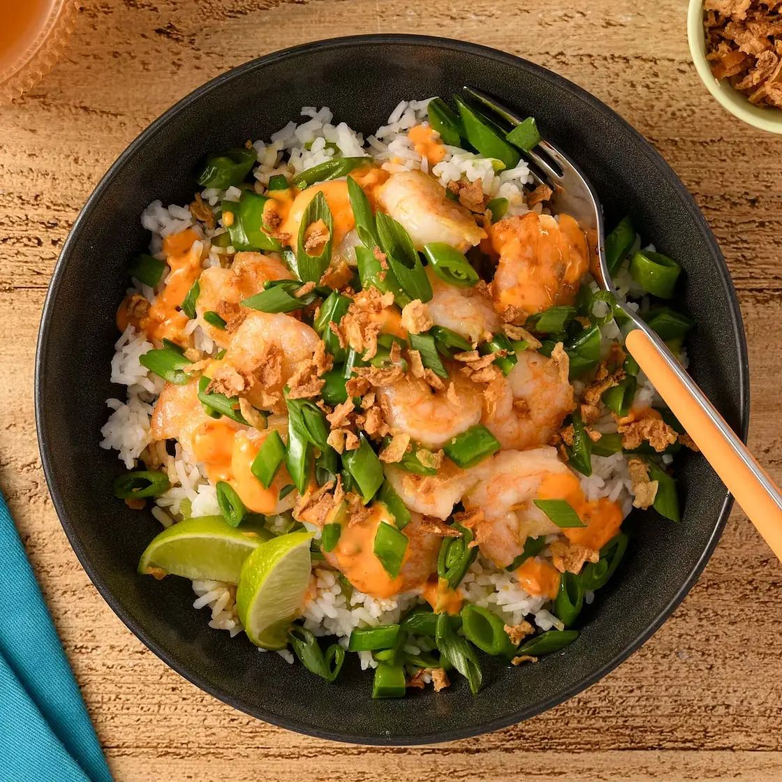 Bang Bang Shrimp Bowl with sugar snap peas