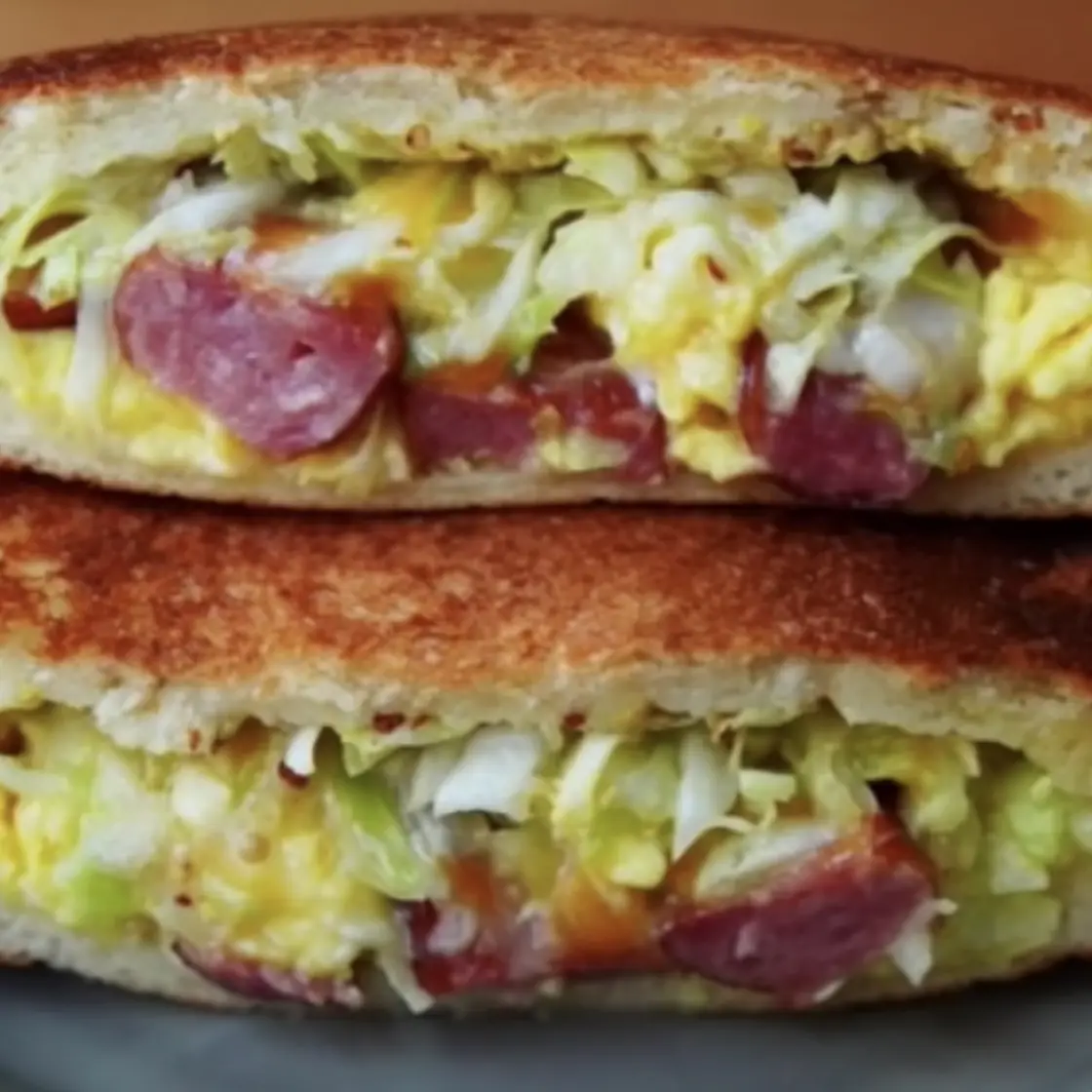 Sausage, scrambled egg toasty