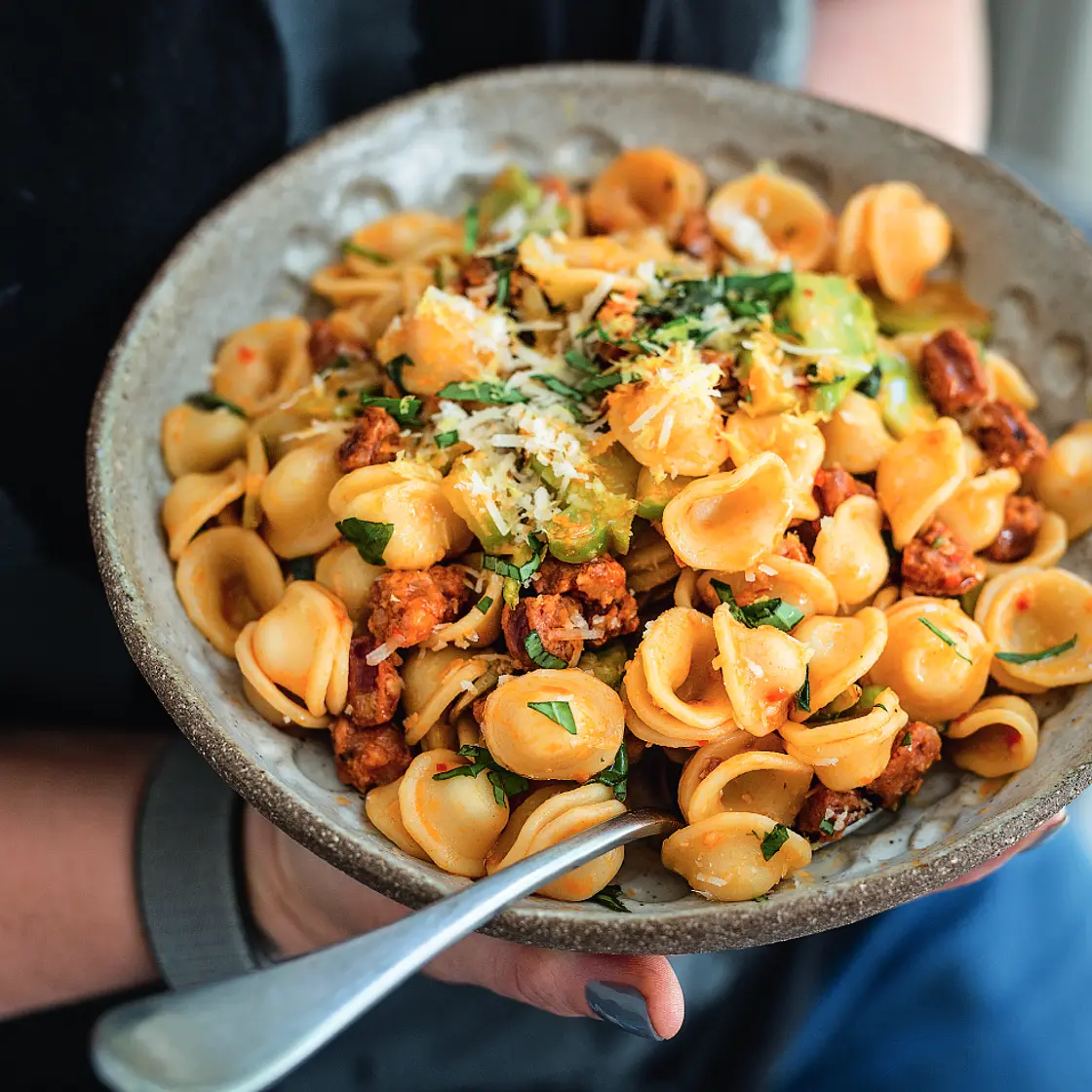 Chorizo and broccoli stalk pasta
