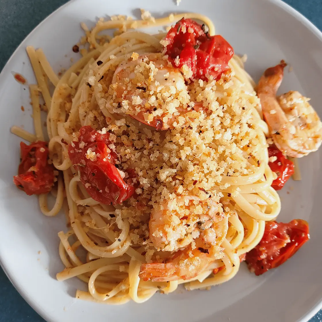 Linguine with Shrimp, Roasted Tomatoes & Chile Breadcrumbs