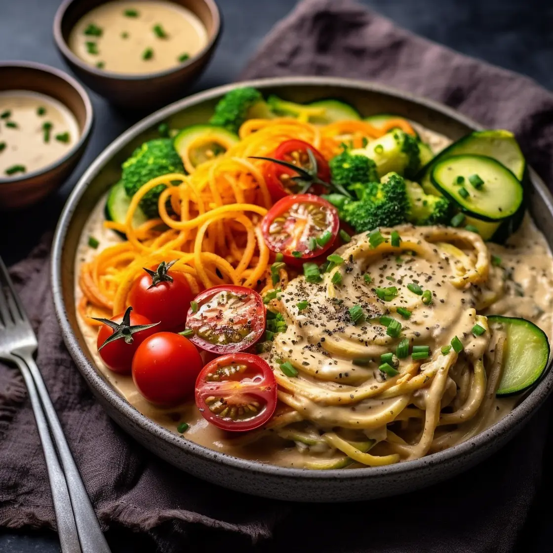 Creamy Vegan Spaghetti with Fresh Veggies and Hummus Sauce