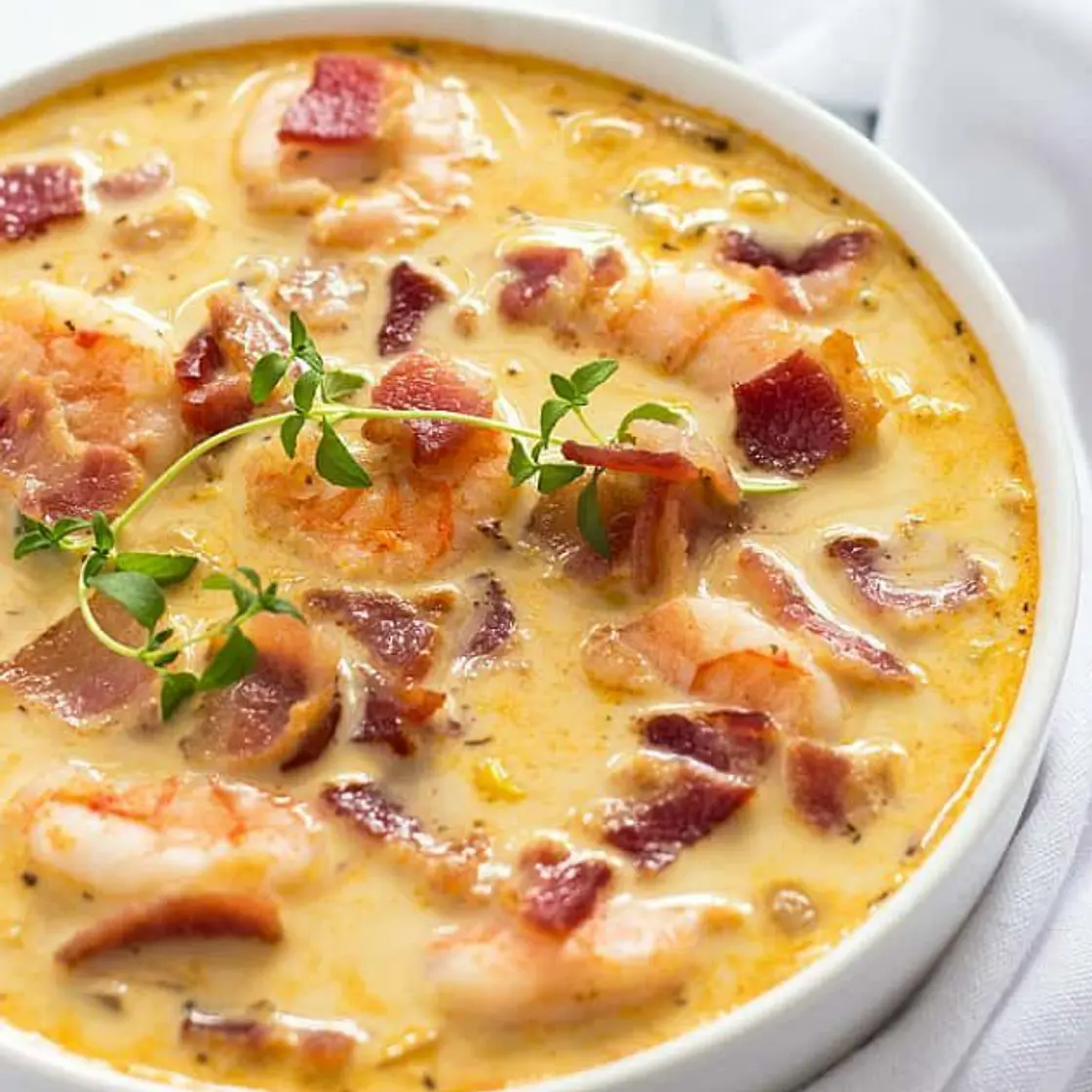 Slow Cooked Prawn, Corn and Bacon Chowder