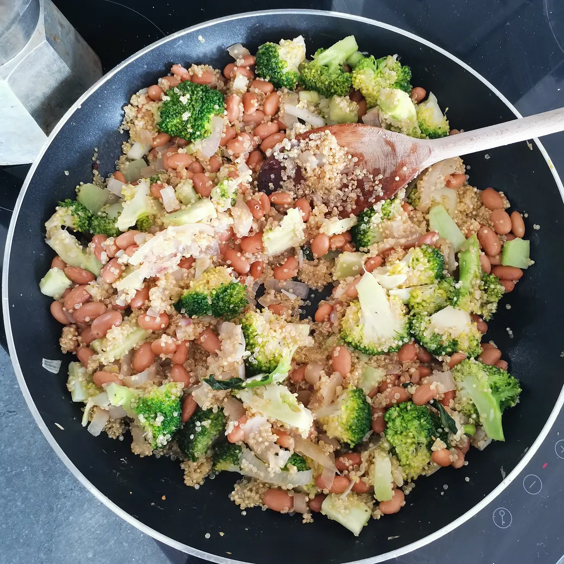 One Pan Broccoli Quinoa Skillet with Parmesan and White Beans