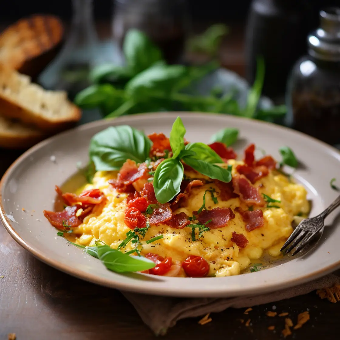 Scrambled eggs with ham and sun-dried tomatoes / Jajecznica z szynką i suszonymi pomidorami