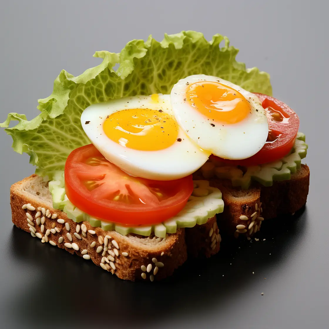 Sandwich with lettuce, yellow cheese, egg, and tomato / Kanapka z sałatą, serem żółtym, jajkiem i pomidorem
