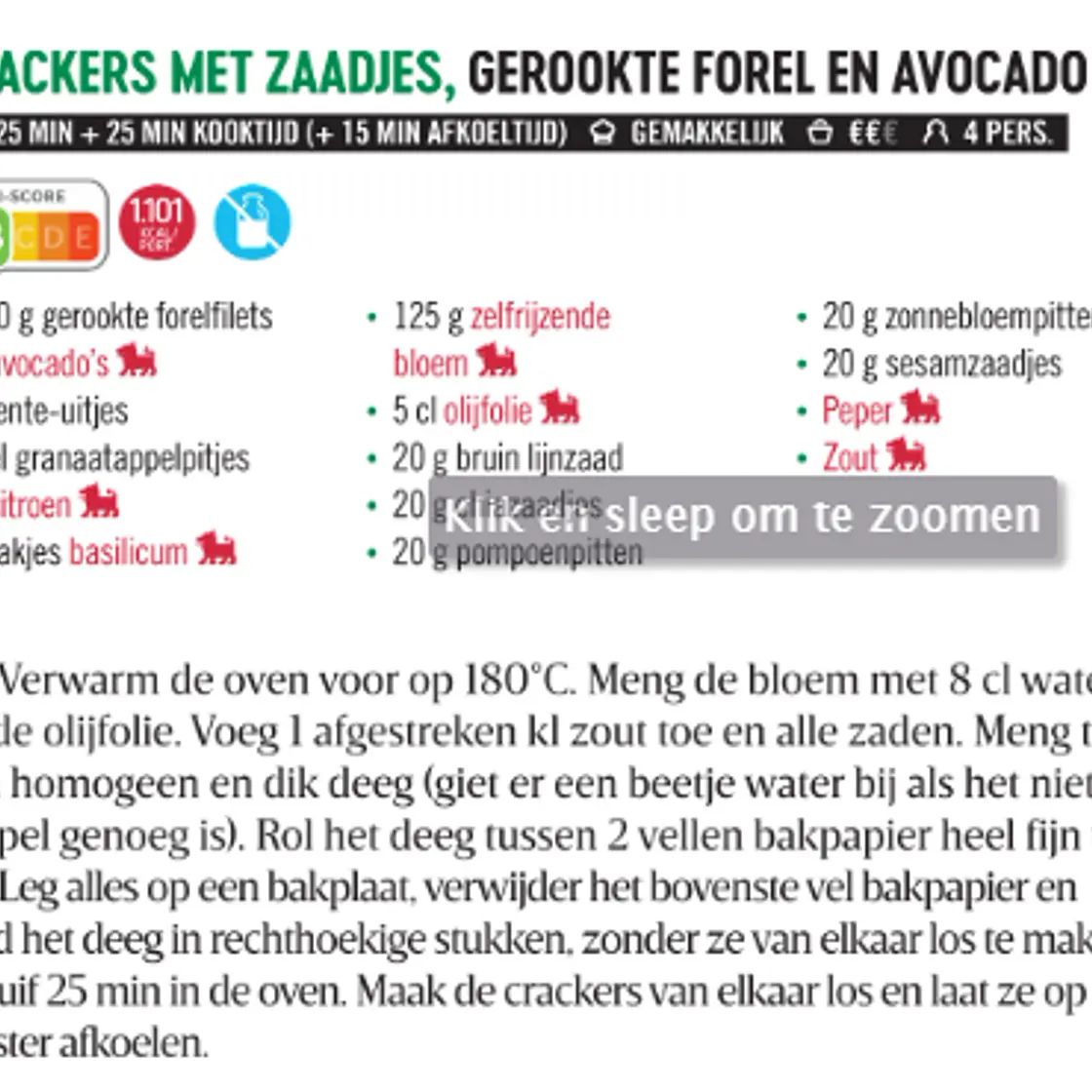 Crackers met zaadjes, gerookte forel en avocado