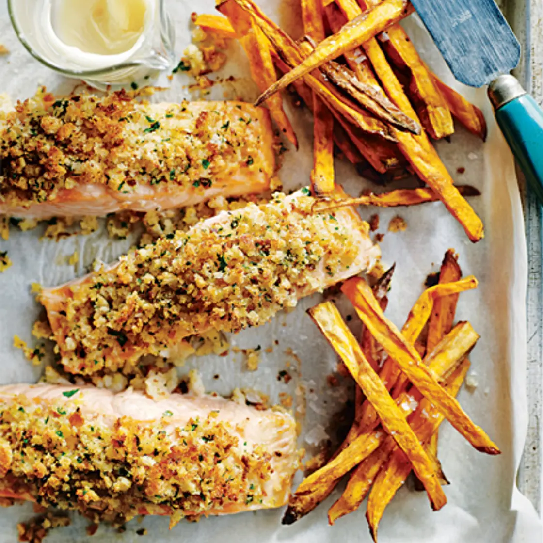 Crumbed Salmon With Sweet Potato Chips