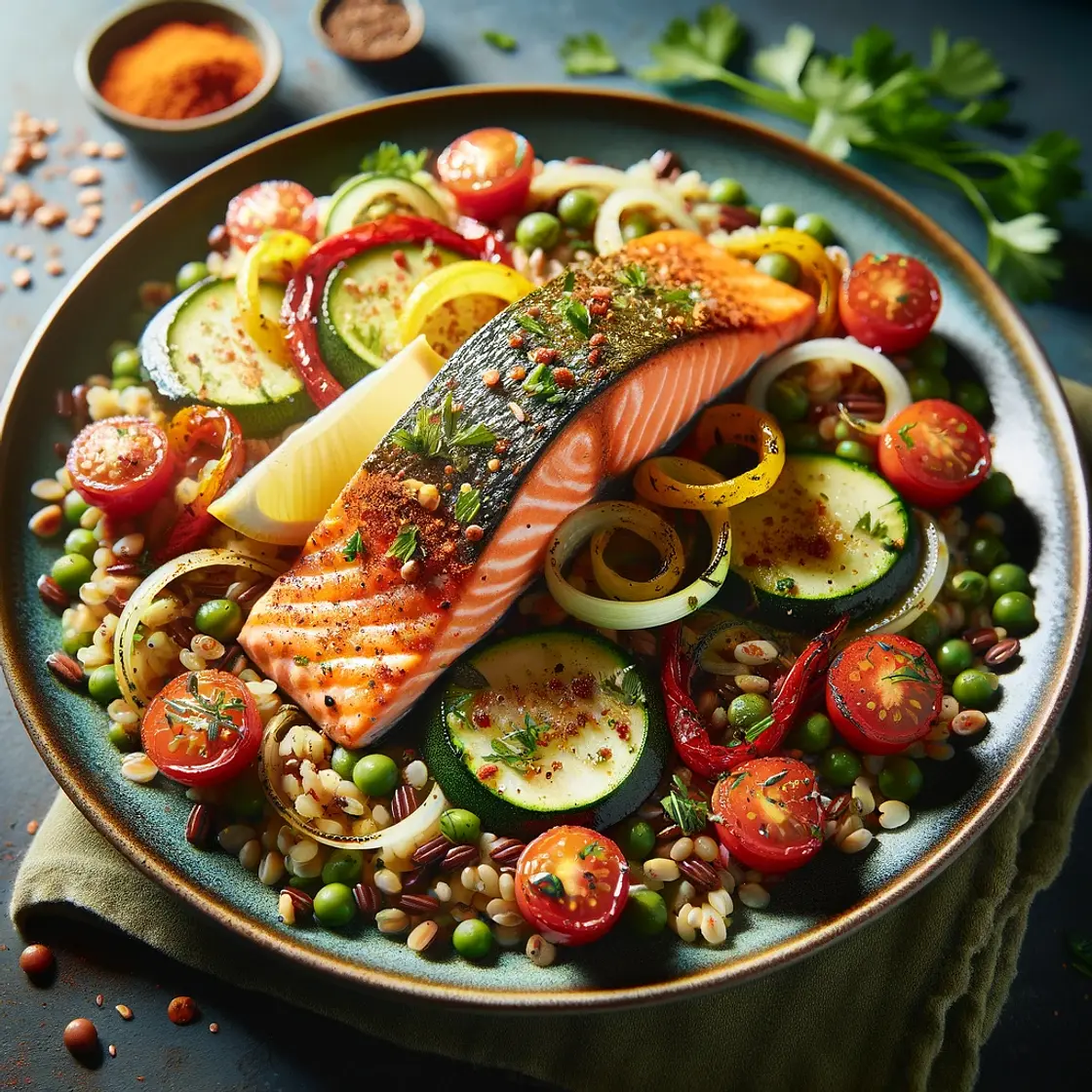 Saumon à l'orge, lentilles vertes et riz rouge